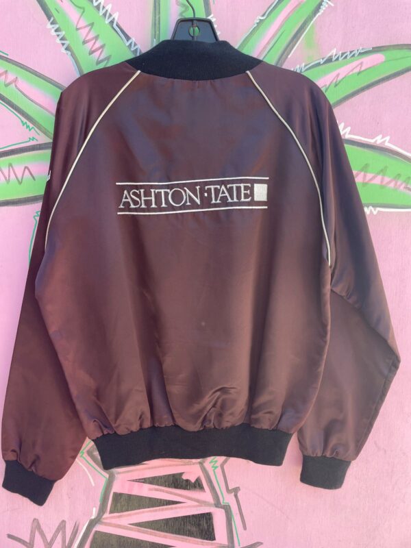 1980S EMBROIDERED ASHTON-TATE SOFTWARE COMPANY ACETATE ZIP-UP JACKET, SILVER PIPING