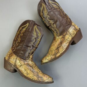 Photo detail:CLASSIC 2-TONE WESTERN MONTY FAUX SNAKESKIN POINTED TOE COWBOY BOOTS WITH BRASS TOE CAP