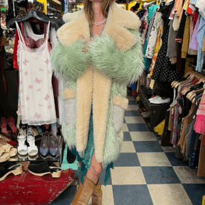 Photo detail:AMAZING! NWT COACH SPRING / SUMMER 2015 MINTY GREEN & WHITE SHEARLING LAMBS WOOL MONSTER FUR COAT
