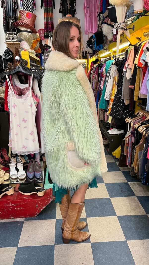 AMAZING! NWT COACH SPRING / SUMMER 2015 MINTY GREEN & WHITE SHEARLING LAMBS WOOL MONSTER FUR COAT