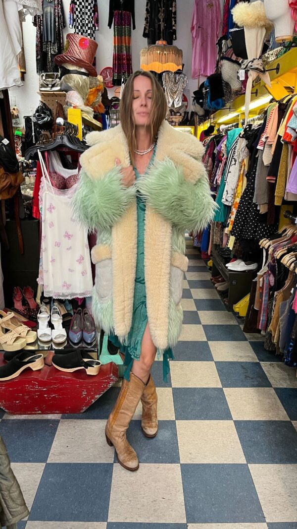 AMAZING! NWT COACH SPRING / SUMMER 2015 MINTY GREEN & WHITE SHEARLING LAMBS WOOL MONSTER FUR COAT