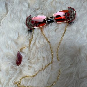 Photo detail:#BURNINGMAN! OVAL GOLD RIMMED SUNGLASSES RED LENSES, HANGING CHAINS & CRYSTAL DECO RHINESTONE EMBELLISHMENTS