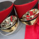 #BURNINGMAN! COOL! 2 TONE COLOR BLOCK MARCHING BAND HAT, GOLD FAN FRONT EMBLEM