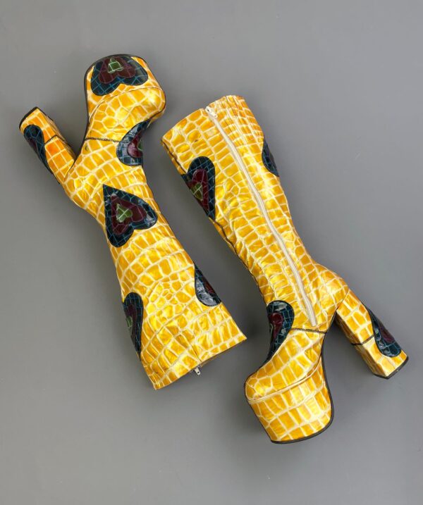INSANE! 1990S | EARLY Y2K MADE IN SPAIN! CROC PATENT LEATHER KNEE HIGH PLATFORM BOOTS HEART PATCHWORK APPLIQUES