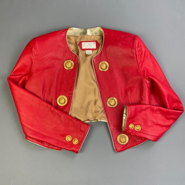 TOTALLY RADICAL!! 1980S LIPSTICK RED LEATHER CAPTAINS JACKET GOLD PLATED SUN BUTTONS