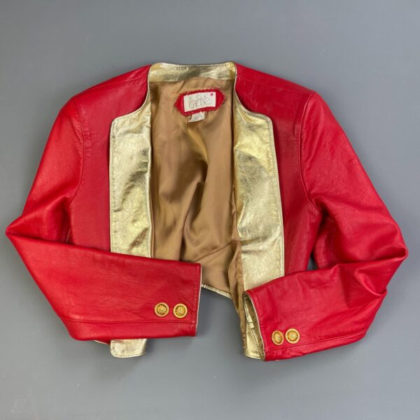TOTALLY RADICAL!! 1980S LIPSTICK RED LEATHER CAPTAINS JACKET GOLD PLATED SUN BUTTONS