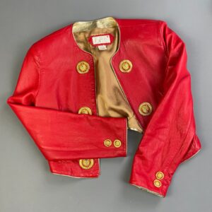 Photo detail:TOTALLY RADICAL!! 1980S LIPSTICK RED LEATHER CAPTAINS JACKET GOLD PLATED SUN BUTTONS