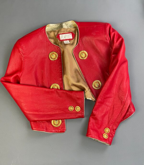TOTALLY RADICAL!! 1980S LIPSTICK RED LEATHER CAPTAINS JACKET GOLD PLATED SUN BUTTONS