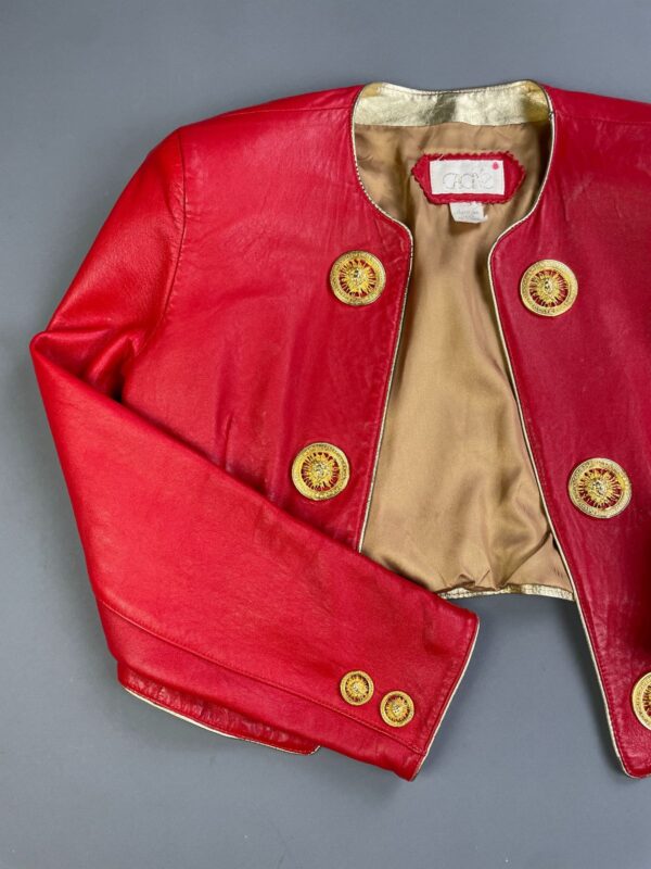 TOTALLY RADICAL!! 1980S LIPSTICK RED LEATHER CAPTAINS JACKET GOLD PLATED SUN BUTTONS