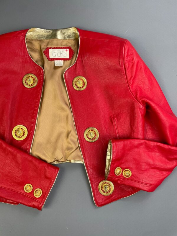 TOTALLY RADICAL!! 1980S LIPSTICK RED LEATHER CAPTAINS JACKET GOLD PLATED SUN BUTTONS