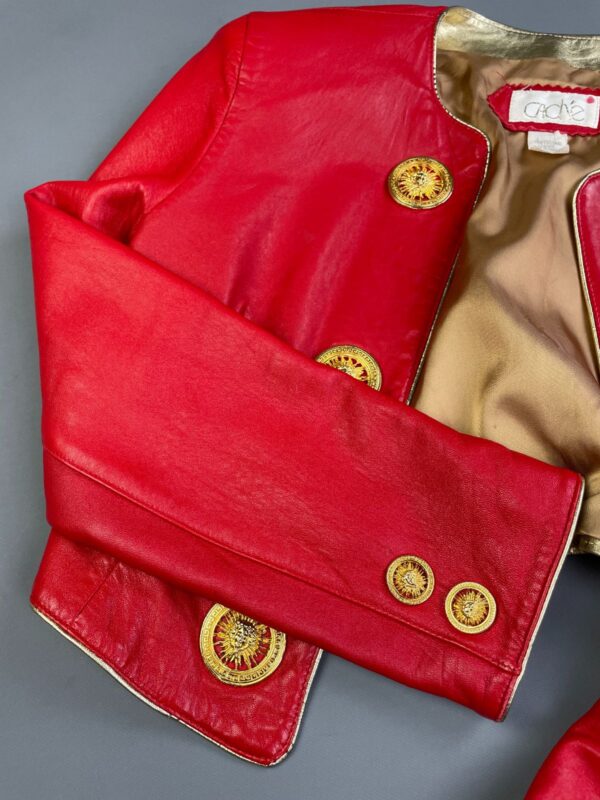TOTALLY RADICAL!! 1980S LIPSTICK RED LEATHER CAPTAINS JACKET GOLD PLATED SUN BUTTONS