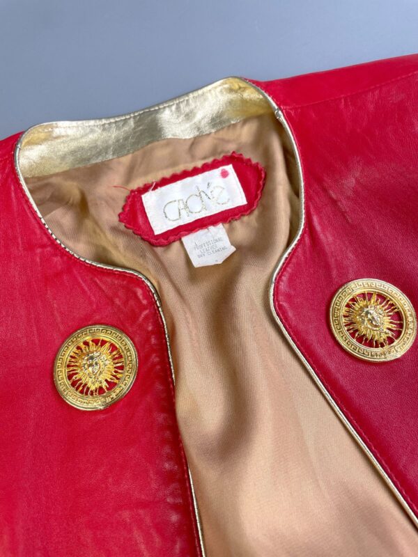 TOTALLY RADICAL!! 1980S LIPSTICK RED LEATHER CAPTAINS JACKET GOLD PLATED SUN BUTTONS