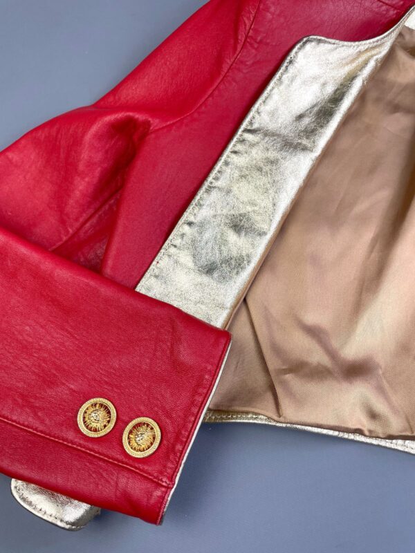 TOTALLY RADICAL!! 1980S LIPSTICK RED LEATHER CAPTAINS JACKET GOLD PLATED SUN BUTTONS