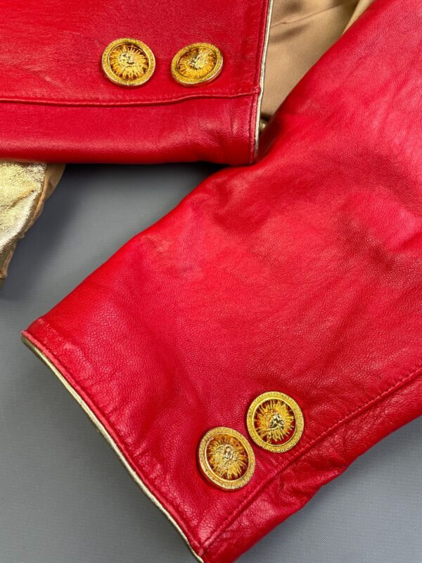 TOTALLY RADICAL!! 1980S LIPSTICK RED LEATHER CAPTAINS JACKET GOLD PLATED SUN BUTTONS