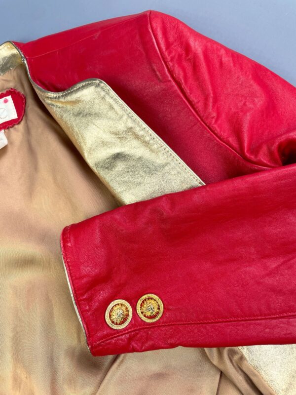 TOTALLY RADICAL!! 1980S LIPSTICK RED LEATHER CAPTAINS JACKET GOLD PLATED SUN BUTTONS