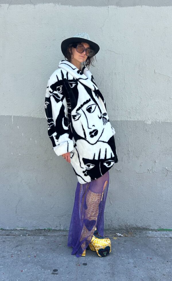 PICASSO FACE ABSTRACT ART FAUX FUR COAT