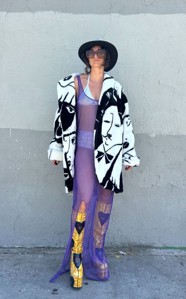 PICASSO FACE ABSTRACT ART FAUX FUR COAT