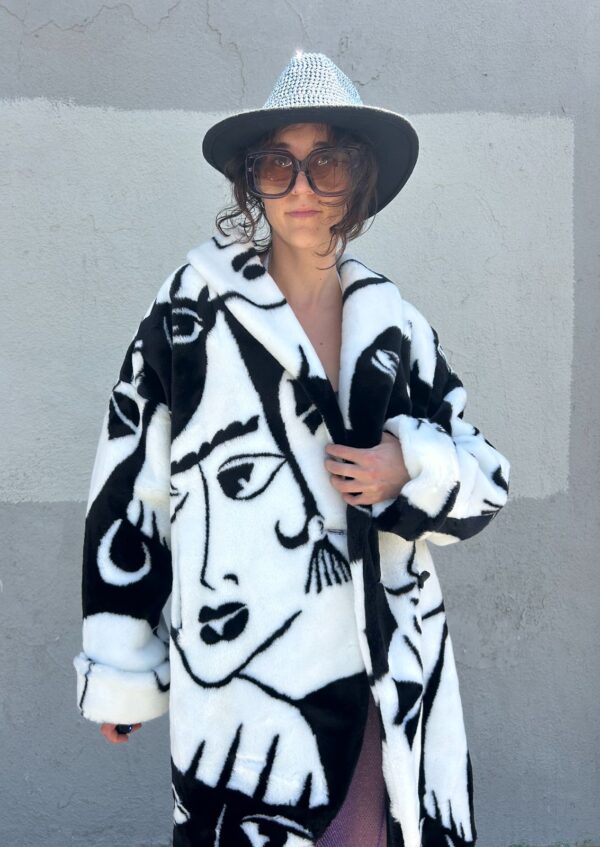 PICASSO FACE ABSTRACT ART FAUX FUR COAT