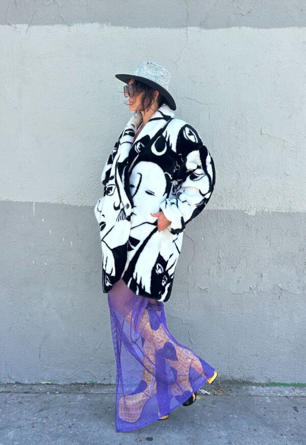 PICASSO FACE ABSTRACT ART FAUX FUR COAT
