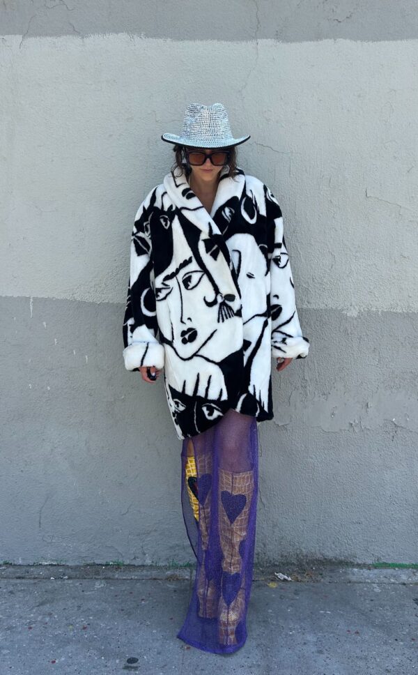 PICASSO FACE ABSTRACT ART FAUX FUR COAT