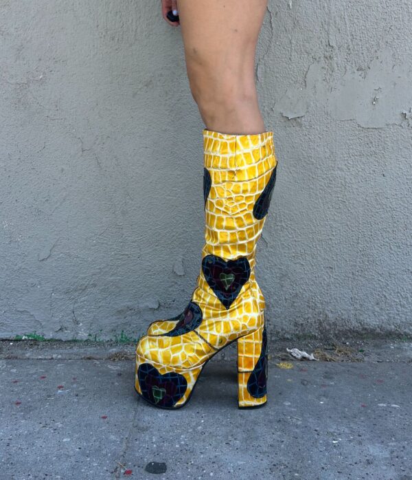 INSANE! 1990S | EARLY Y2K MADE IN SPAIN! CROC PATENT LEATHER KNEE HIGH PLATFORM BOOTS HEART PATCHWORK APPLIQUES