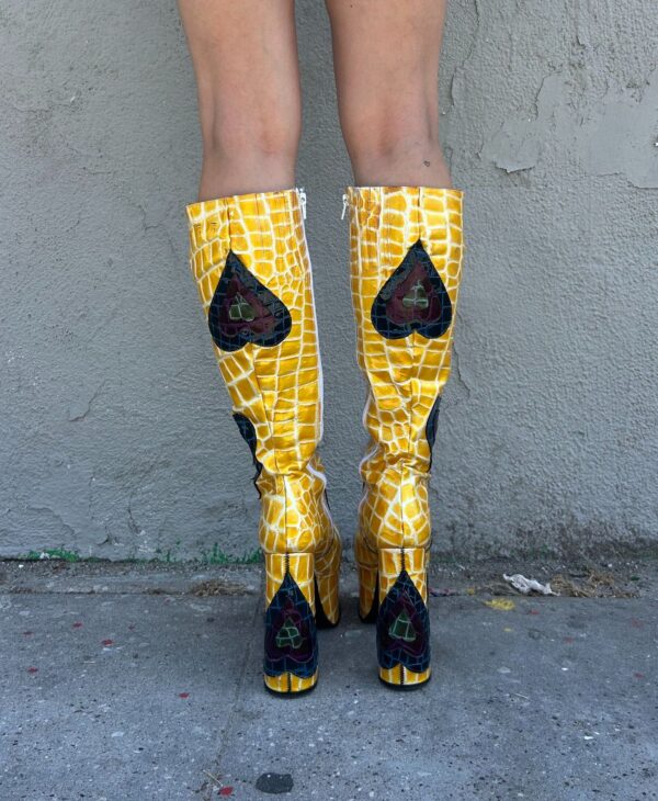 INSANE! 1990S | EARLY Y2K MADE IN SPAIN! CROC PATENT LEATHER KNEE HIGH PLATFORM BOOTS HEART PATCHWORK APPLIQUES