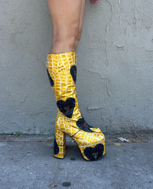 INSANE! 1990S | EARLY Y2K MADE IN SPAIN! CROC PATENT LEATHER KNEE HIGH PLATFORM BOOTS HEART PATCHWORK APPLIQUES