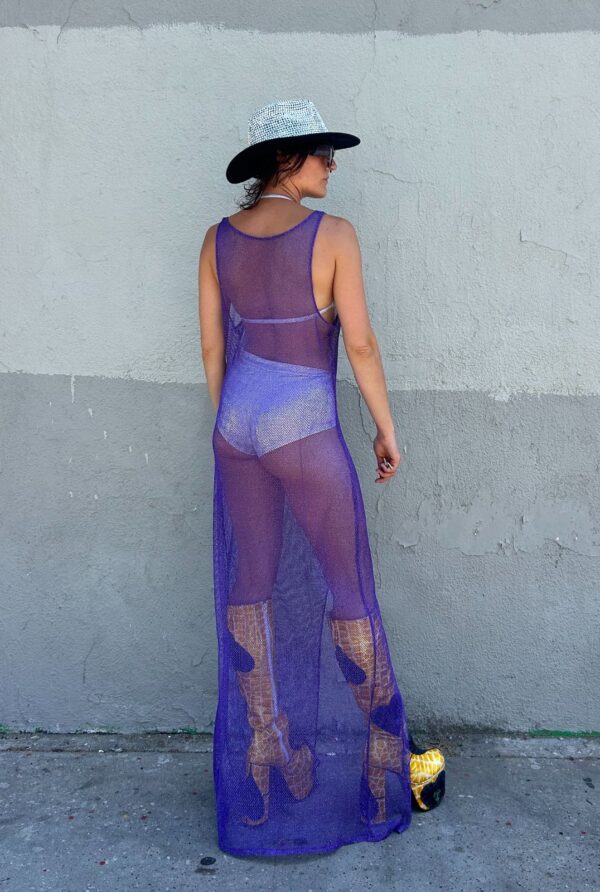 COOL! LONG SLINKY PURPLE MESH NETTED SLEEVELESS MAXI DRESS METALLIC SILVER THREADING