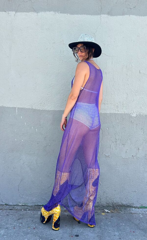 COOL! LONG SLINKY PURPLE MESH NETTED SLEEVELESS MAXI DRESS METALLIC SILVER THREADING