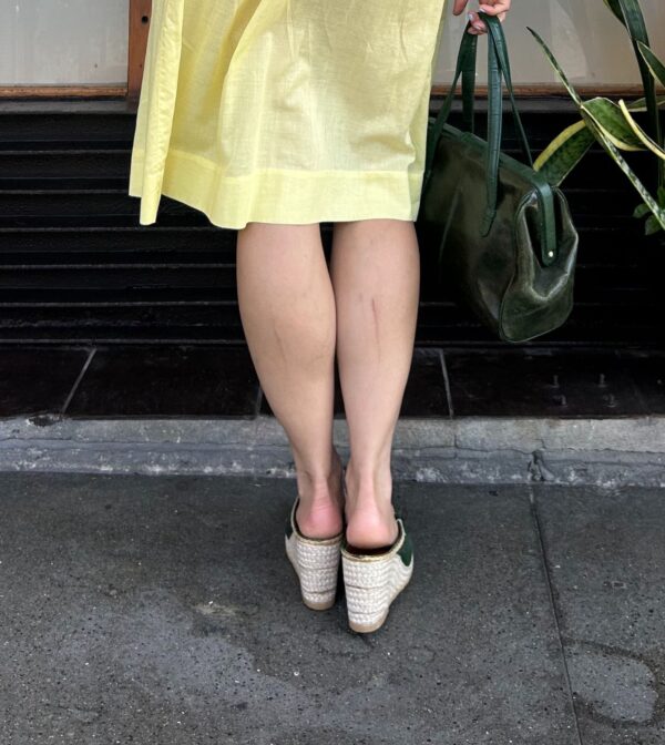 AWESOME GREEN LEATHER ESPADRILLE WEDGE MULES