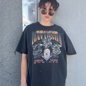 Photo detail:*AS-IS* 1990S PERFECTLY FADED & BOXY HARLEY DAVIDSON WORLD CLASS ENGINES LOS ANGELES GRAPHIC T-SHIRT