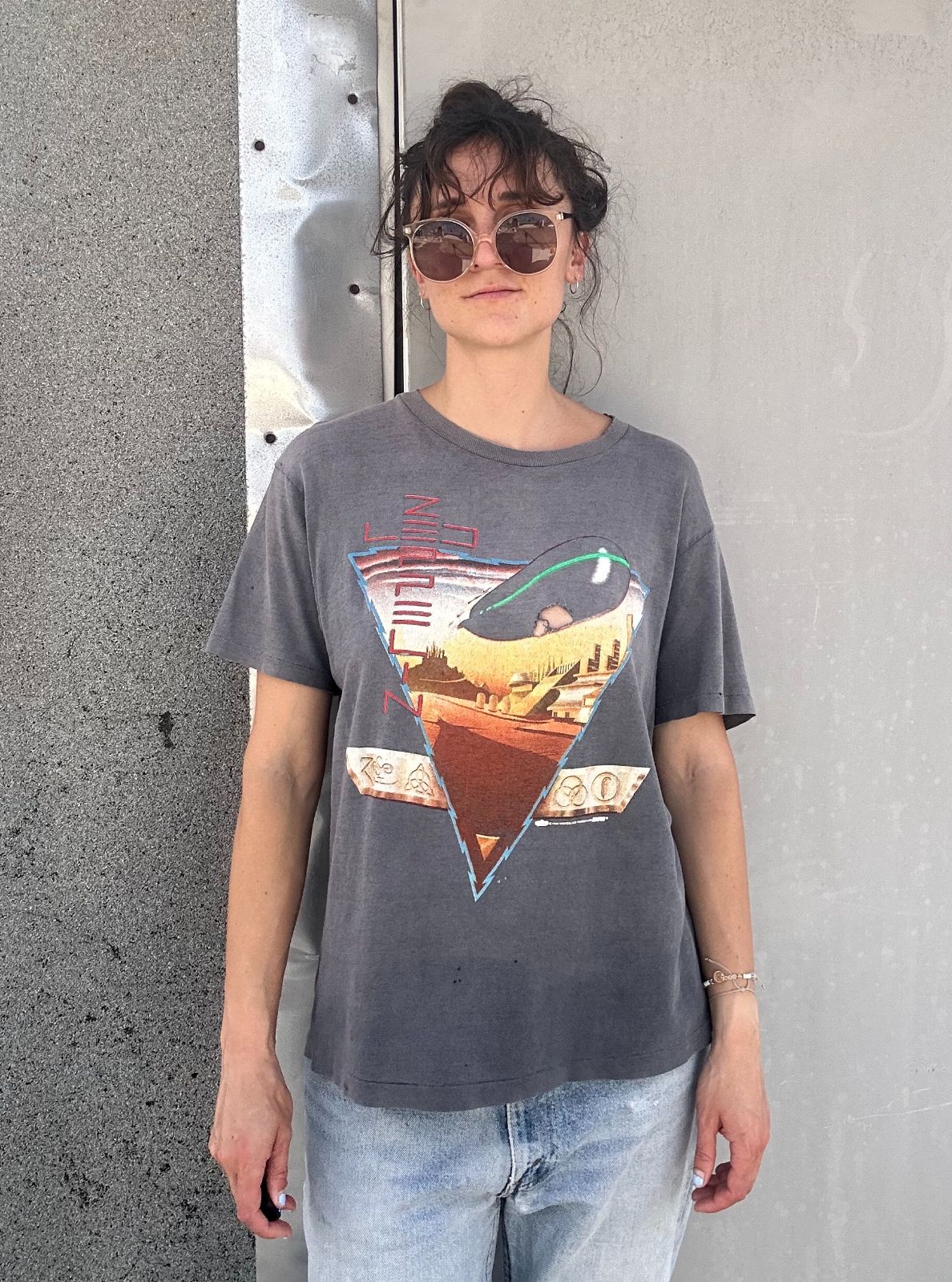 HANES 100% COTTON 1988 LED ZEPPELIN FUTURISTIC BLIMP FOUR SYMBOLS 1988 SINGLE STITCH GRAPHIC T-SHIRT - PERFECTLY FADED in GRAY