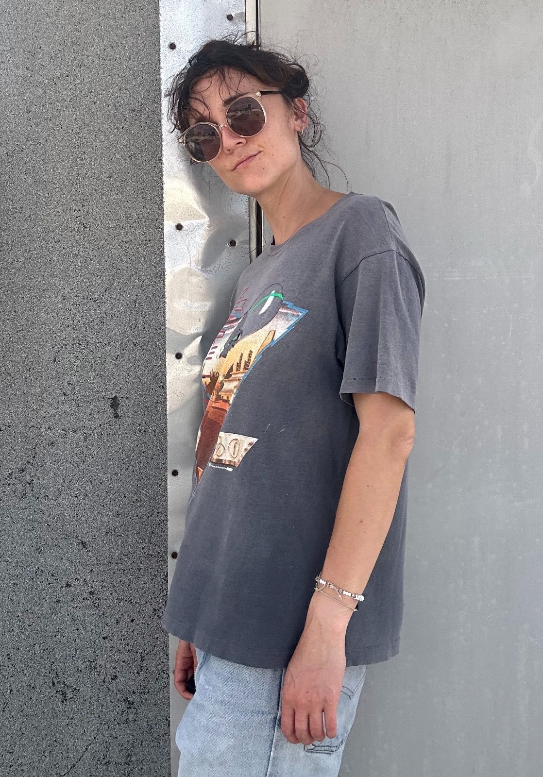 HANES 100% COTTON 1988 LED ZEPPELIN FUTURISTIC BLIMP FOUR SYMBOLS 1988 SINGLE STITCH GRAPHIC T-SHIRT - PERFECTLY FADED in GRAY