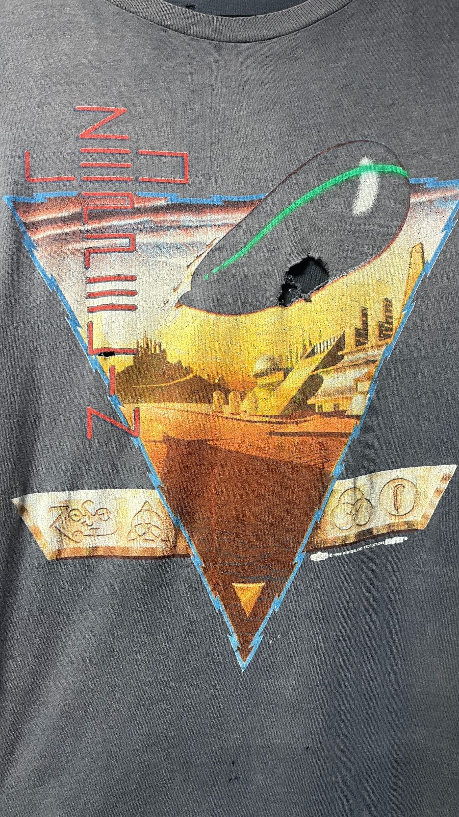 HANES 100% COTTON 1988 LED ZEPPELIN FUTURISTIC BLIMP FOUR SYMBOLS 1988 SINGLE STITCH GRAPHIC T-SHIRT - PERFECTLY FADED in GRAY