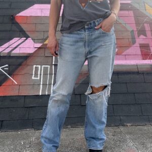 Photo detail:LIGHT WASH & DISTRESSED ORANGE TAB ZIP FLY DENIM JEANS