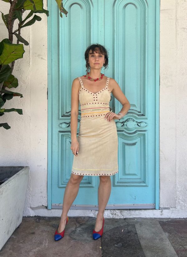 SO FUN! 1990S-Y2K GROMMETTED & EMBROIDERED SUEDE SWEETHEART DRESS