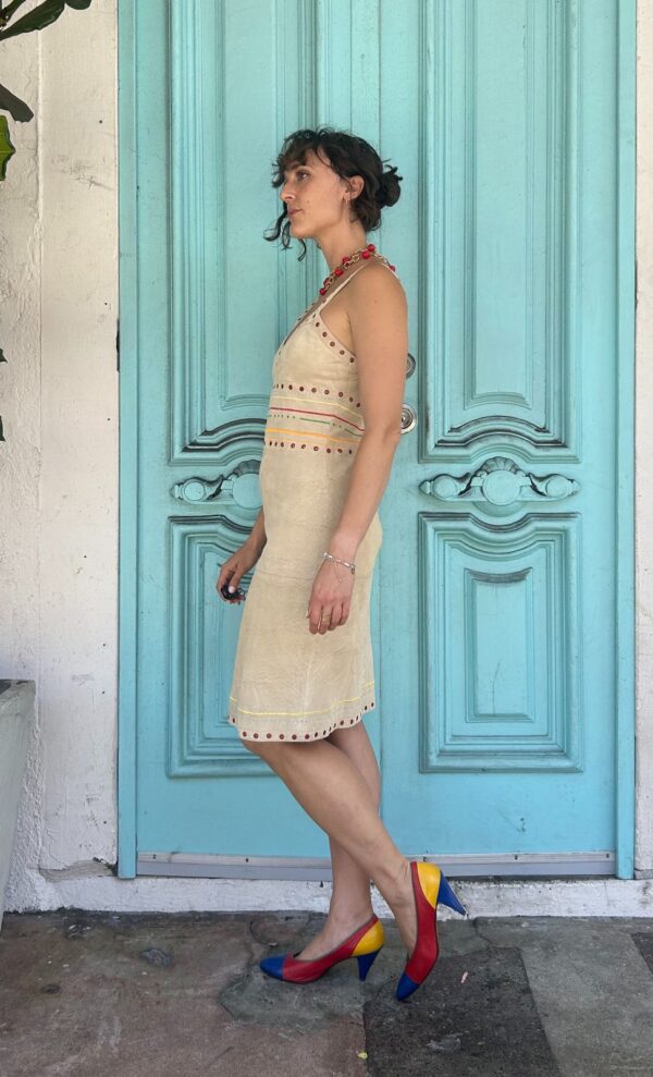 SO FUN! 1990S-Y2K GROMMETTED & EMBROIDERED SUEDE SWEETHEART DRESS