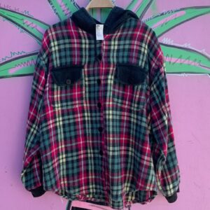 Photo detail:*AS-IS* CUTE! 1990S PLAID HOODED FLANNEL SHIRT CONTRAST POCKET FLAPS