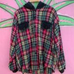 *AS-IS* CUTE! 1990S PLAID HOODED FLANNEL SHIRT CONTRAST POCKET FLAPS