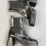 SUPER RAD! MADE IN SPAIN! GEOMETRIC CHUNKY HEEL SQUARE TOE LEATHER BOOTIES MIDDLE SEAM DETAIL