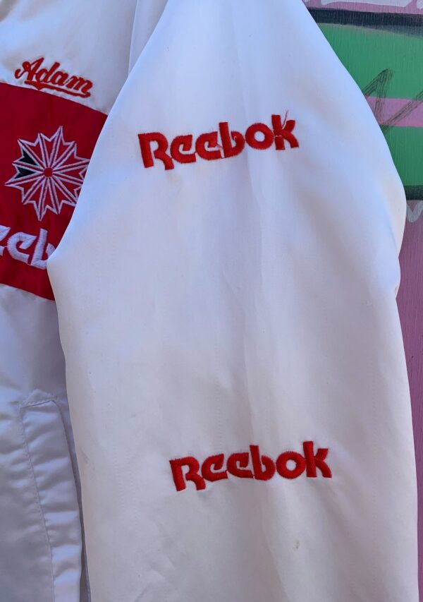 *AS-IS* UNIQUE ALLOVER EMBROIDERED REEBOK LOGO SILKY ACETATE SATIN JACKET