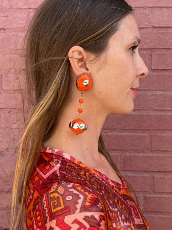 BRIGHT! ORANGE & GOLD SPHERE BAUBLE DROP CLIP-ON EARRINGS