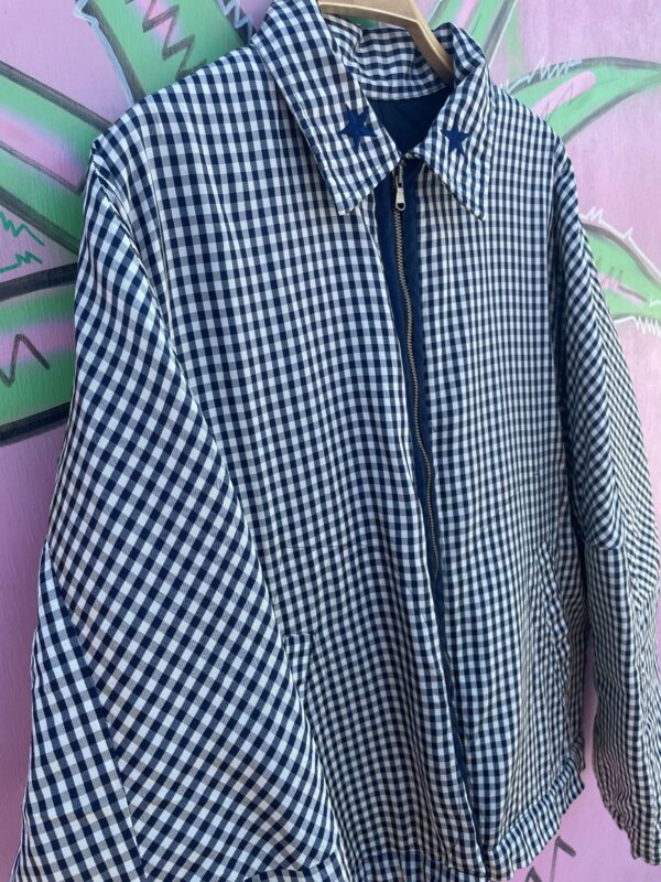 RAD! NYLON GINGHAM CHECK FULL ZIP JACKET, QUILTED INTERIOR, OPEN UNDER ARM VENTS, STAR PATCHED LAPEL