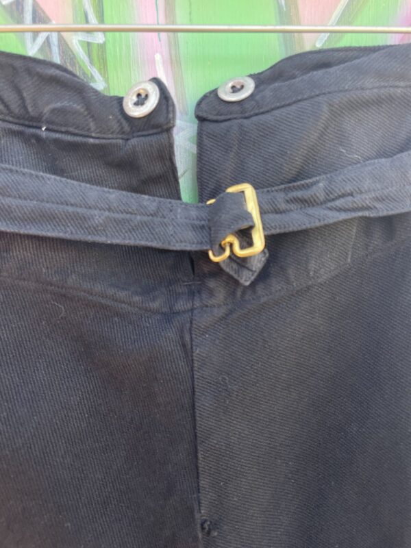 KILLER! 1940S SWISS OVERDYED BUCKLE BACK PRISONER 100% COTTON TWILL OVERPANTS SUSPENDER BUTTONS