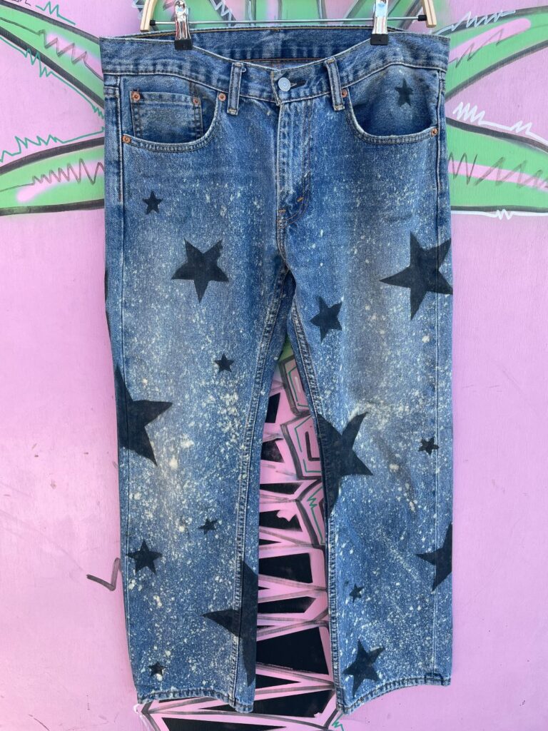 UPCYCLED STAR STENCIL ACID WASH RED TAG LEVIS 559 BOOT CUT DENIM PANTS