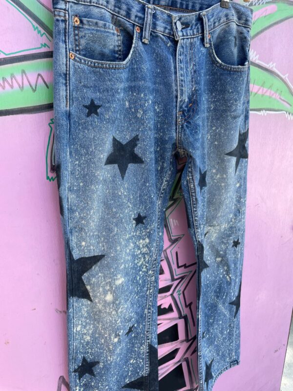 UPCYCLED STAR STENCIL ACID WASH RED TAG LEVIS 559 BOOT CUT DENIM PANTS
