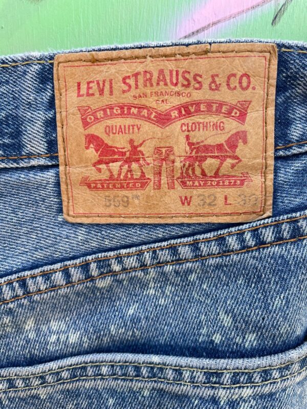 UPCYCLED STAR STENCIL ACID WASH RED TAG LEVIS 559 BOOT CUT DENIM PANTS