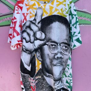 Photo detail:*AS-IS* 1990S DEADSTOCK AOP ALL OVER PRINT MALCOM X T-SHIRT RASTA COLORS
