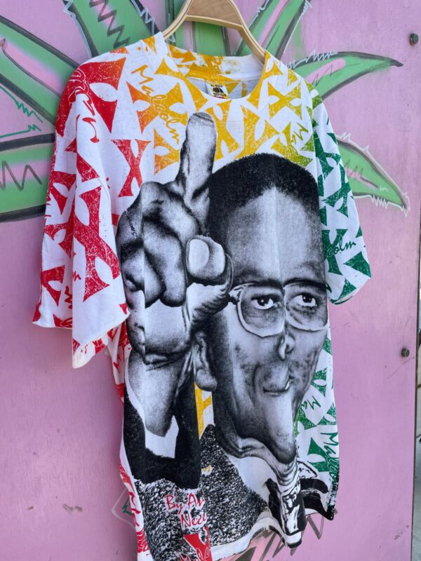 *AS-IS* 1990S DEADSTOCK AOP ALL OVER PRINT MALCOM X T-SHIRT RASTA COLORS