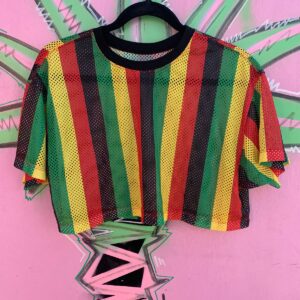 Photo detail:CUTE! CROPPED VERTICAL STRIPED RASTA MESH JERSEY RINGER TOP